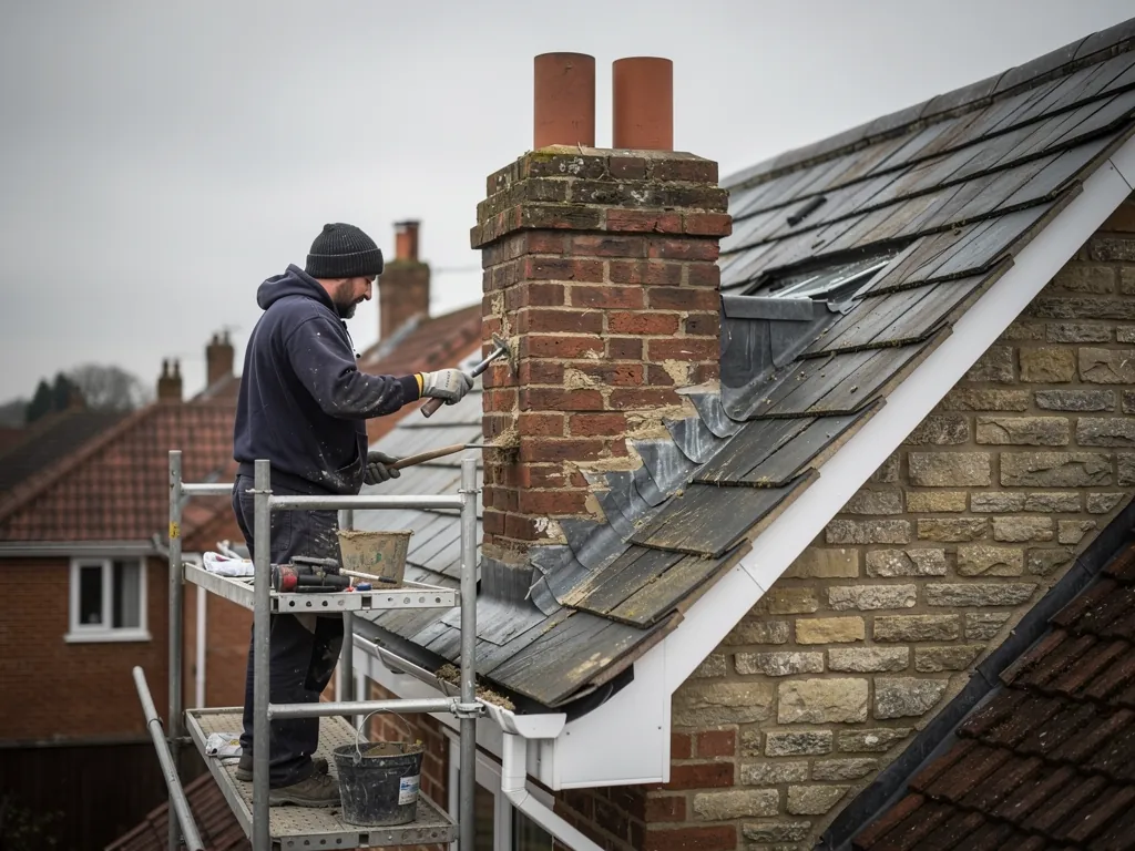 Roofer repointing a brick chimney stack from scaffolding