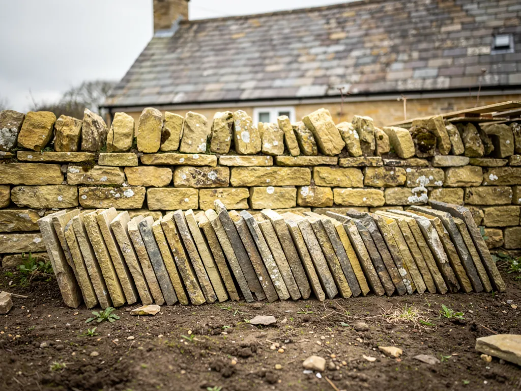 Reclaimed Cotswold stone slates sorted by length beside a limestone wall
