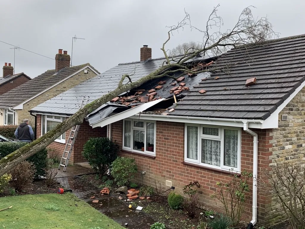 Fallen tree branch lying across a damaged bungalow roof