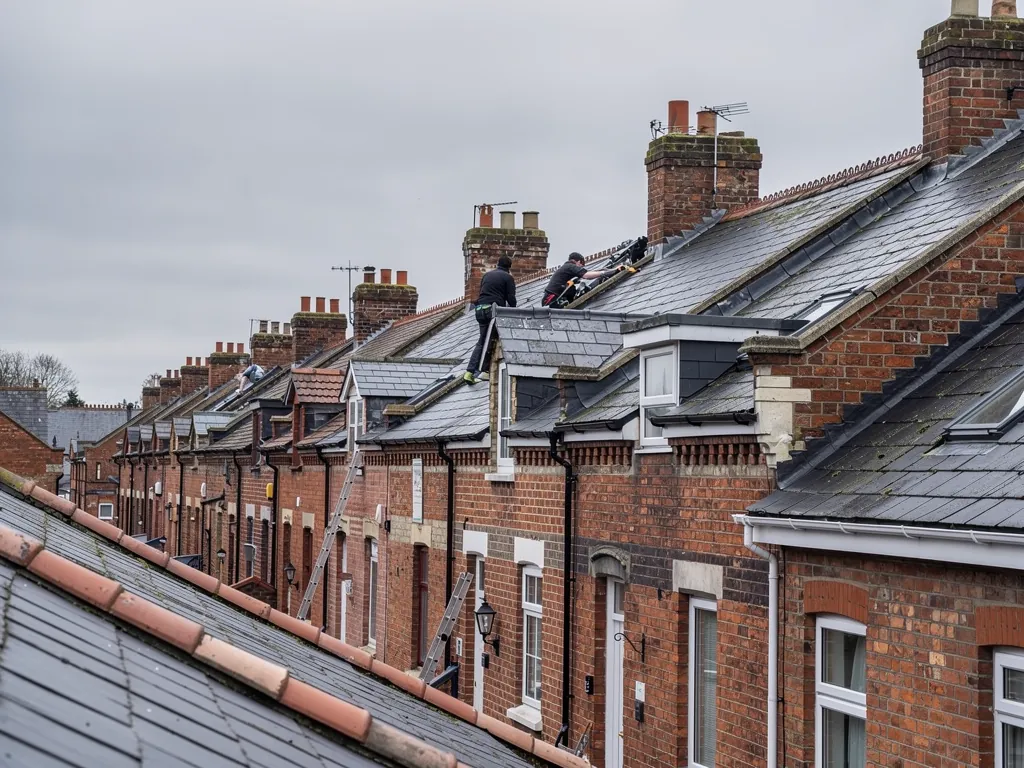 Roofers working along a row of brick Victorian terrace roofs