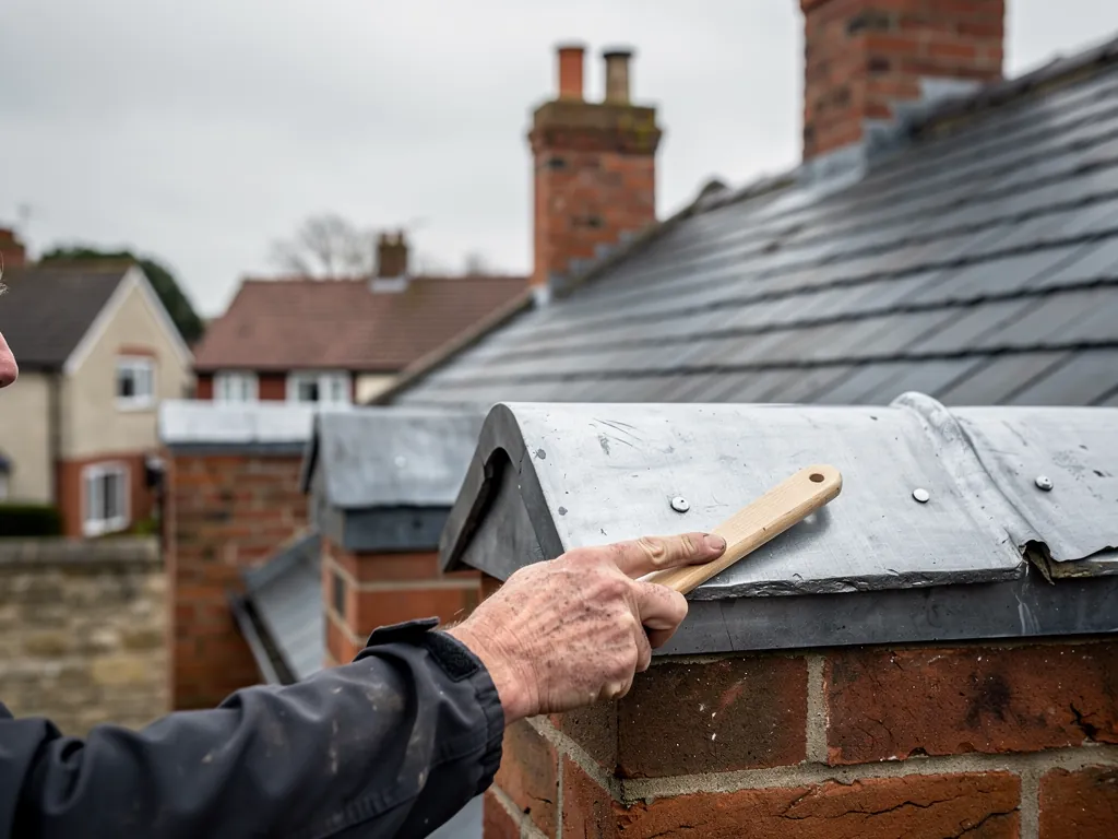 Hand dressing a lead ridge roll with a wooden bossing stick