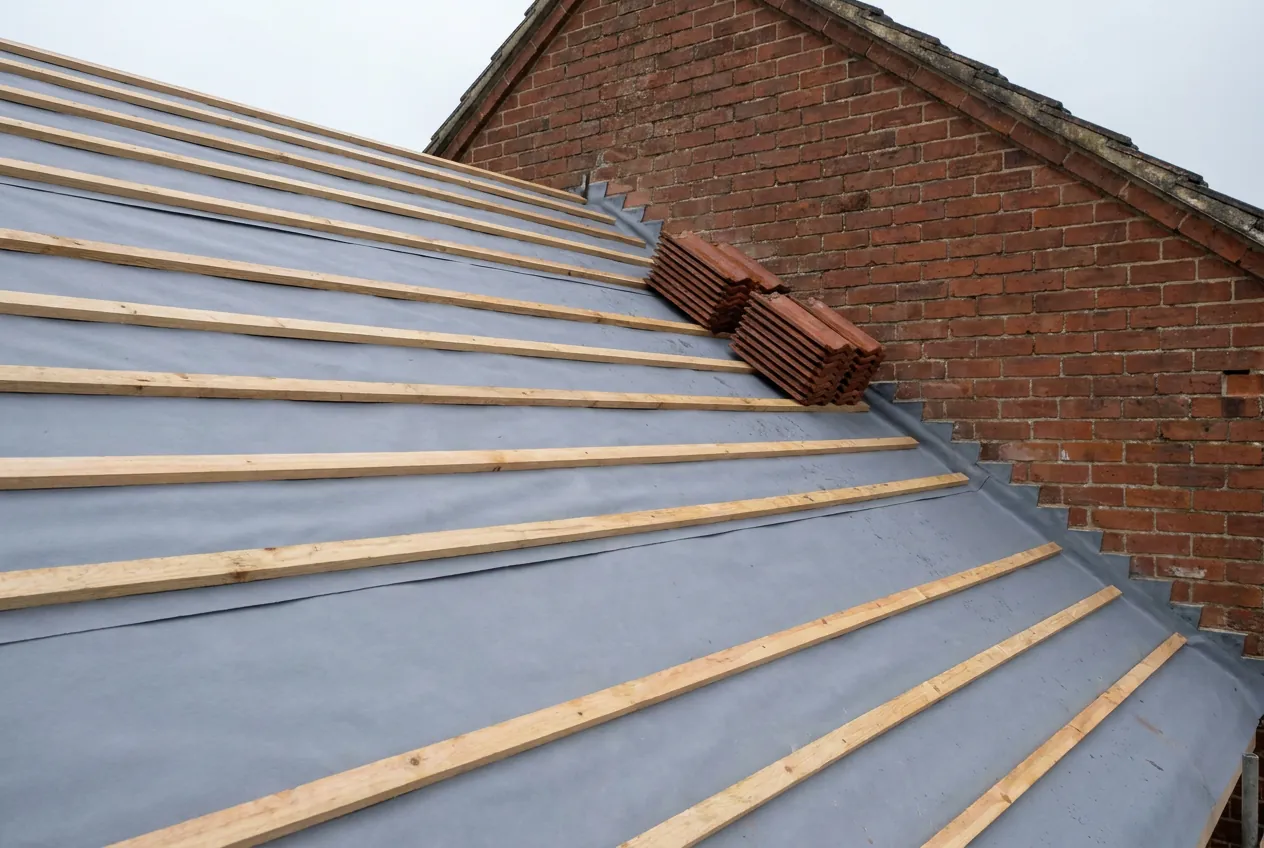 New membrane and battens with plain clay tiles stacked ready