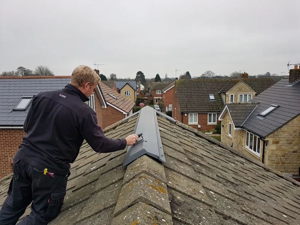Roofer fixing a grey dry ridge cap on a concrete tile roof