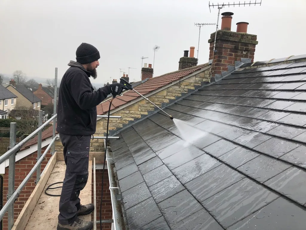 Roofer washing down a slate roof with a lance from scaffolding
