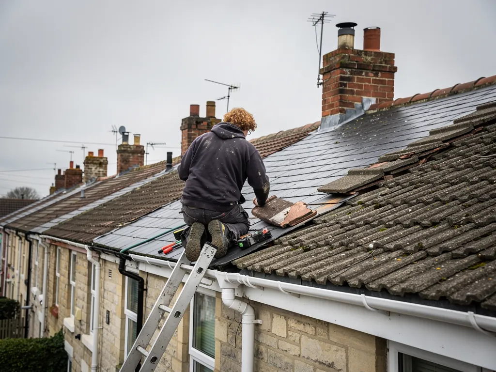 Roofer on a roof ladder replacing a broken concrete tile