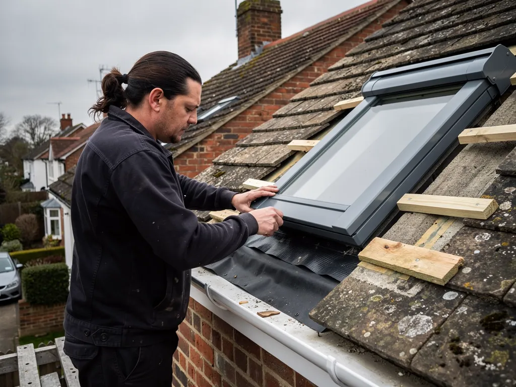 Roofer fitting a roof window frame into a tiled roof opening