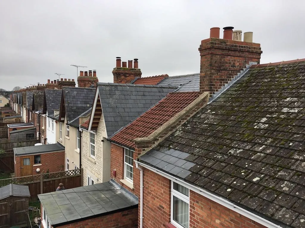 Rear slate roofs and chimneys of Victorian terraces