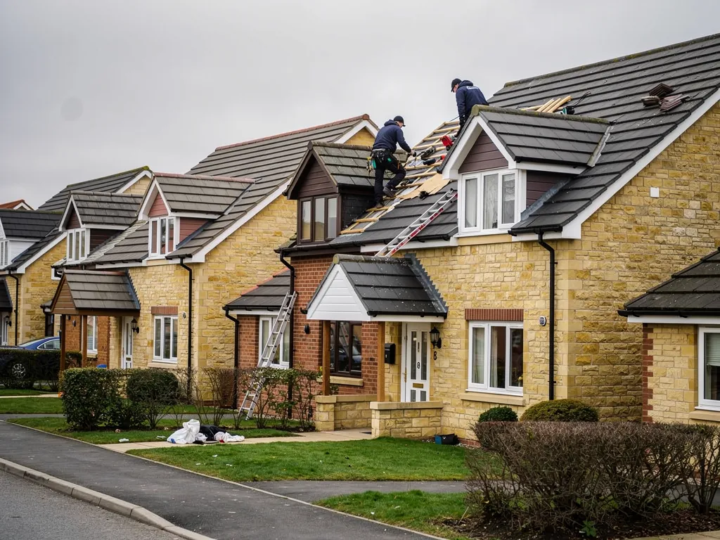 Ridge and verge tiles on an exposed hilltop roof