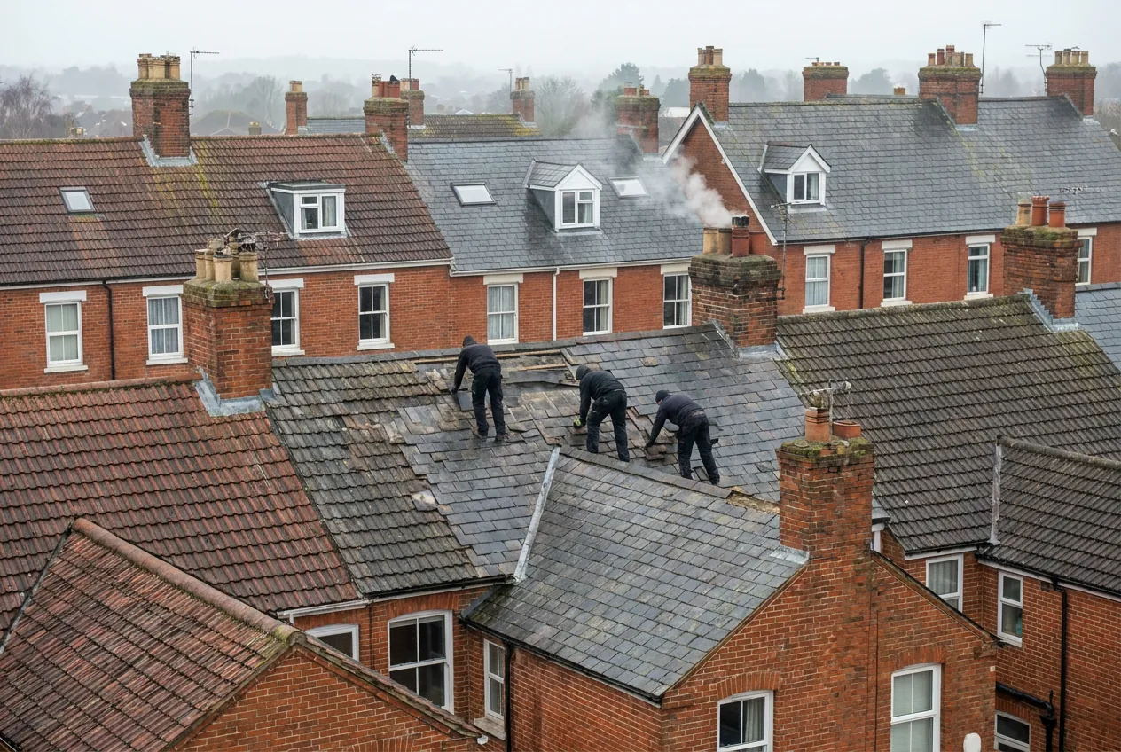 A terrace of pitched roofs and chimneys