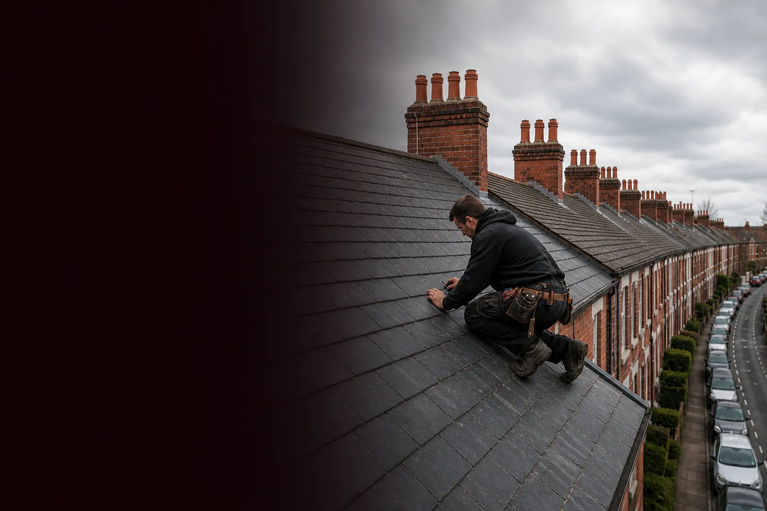 Roofer fitting a new slate on a Victorian railway terrace in Swindon
