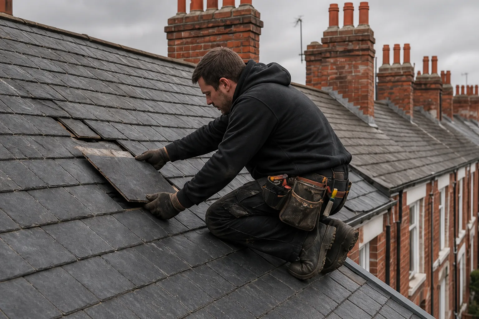 Roofer refixing a slipped slate on a terraced house roof