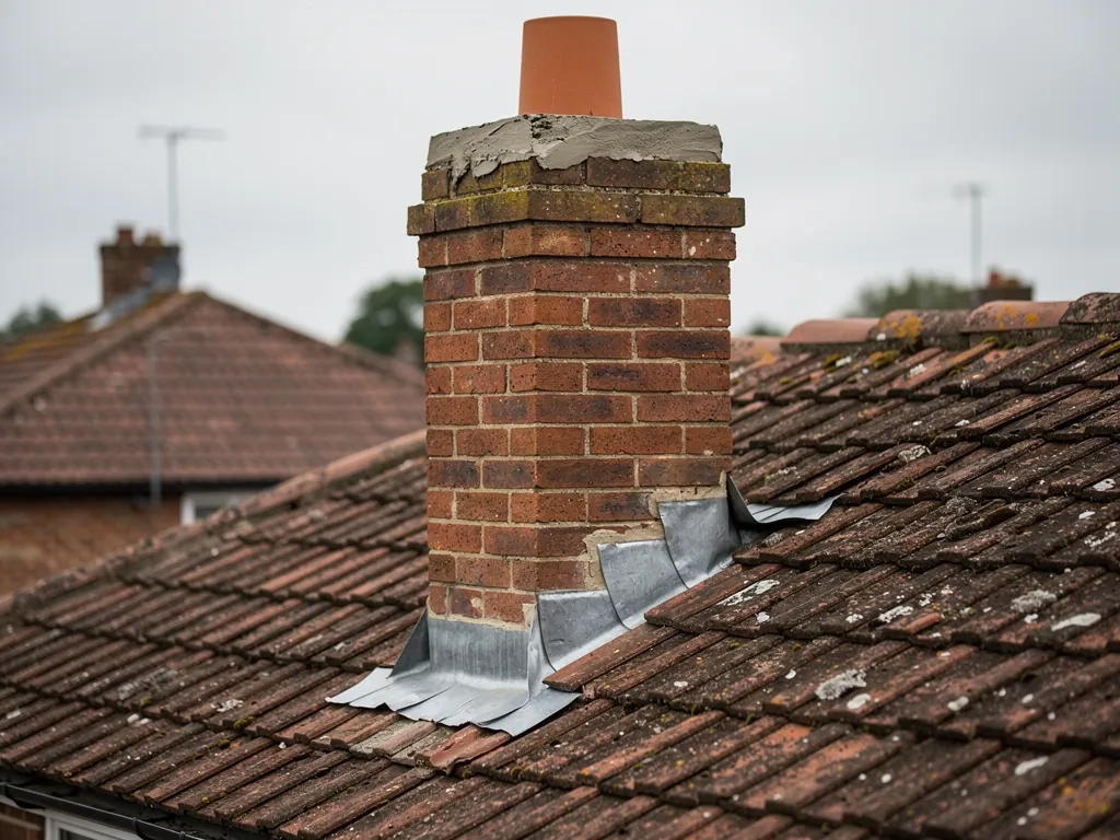 Brick chimney stack with new lead flashing on a clay tile roof