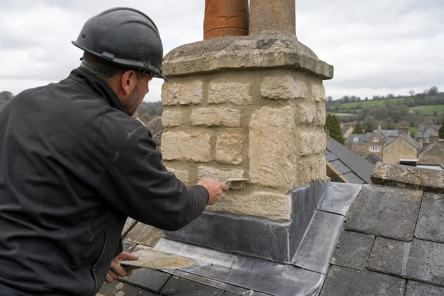 Roofer repointing a stone chimney stack above lead flashing