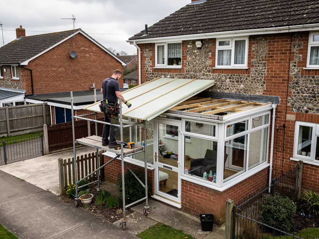 Roofer removing old polycarbonate panels from a conservatory roof