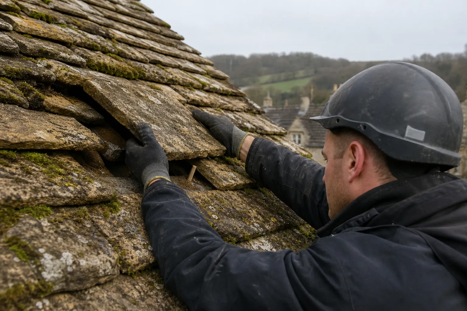 Gloved hands fitting a weathered Cotswold stone slate