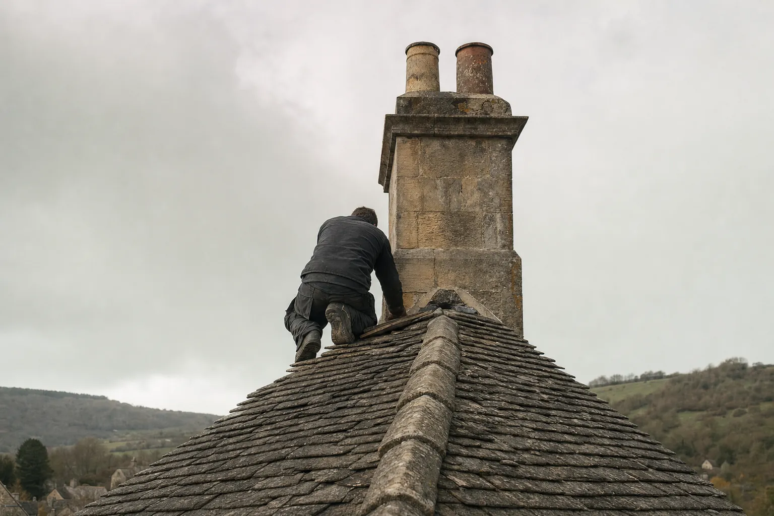 Roofer on a stone slate ridge beside a stone chimney
