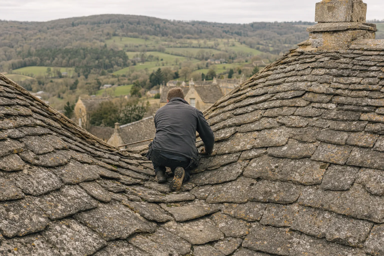 Roofer kneeling on diminishing courses of a stone slate roof