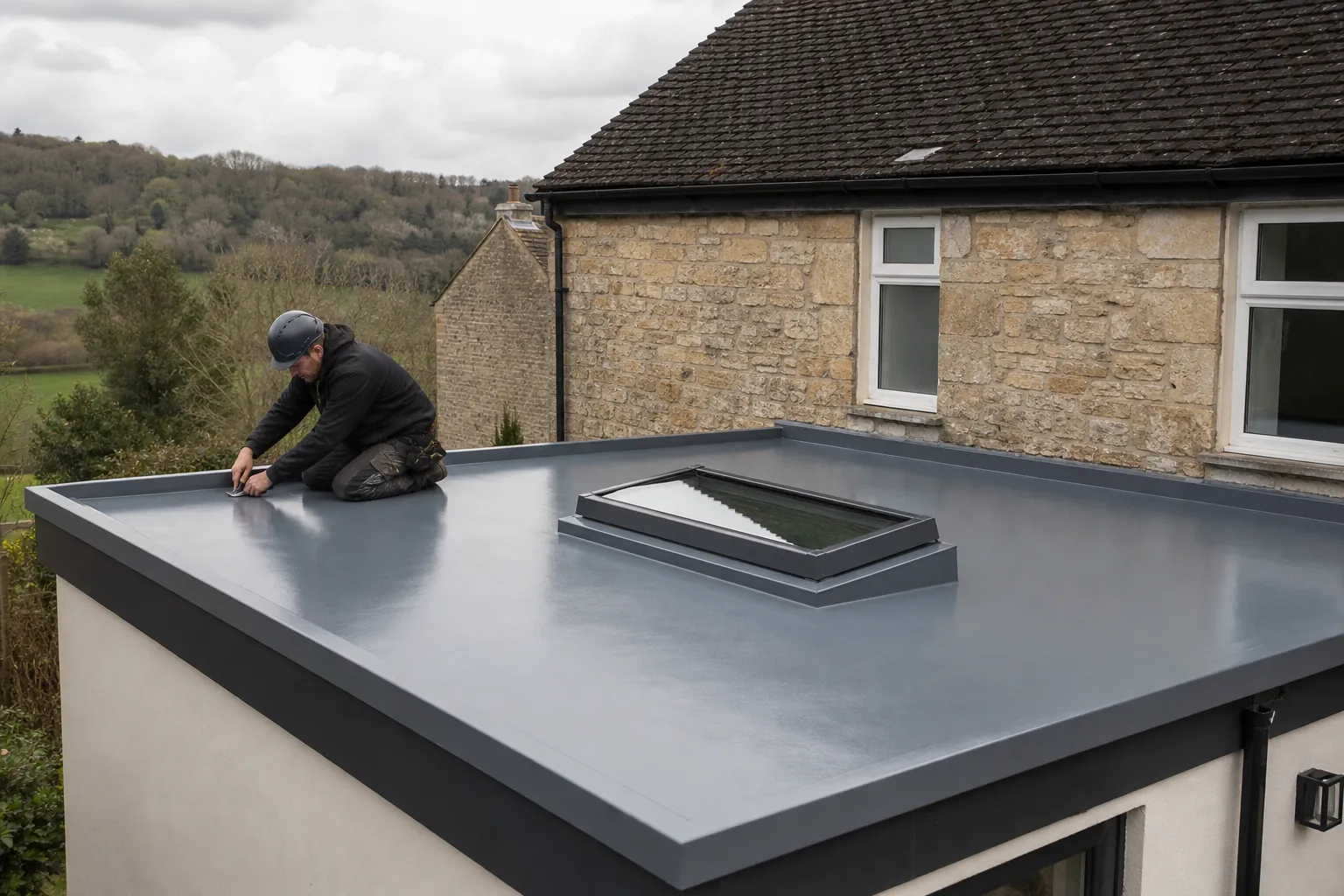 Roofer finishing a grey GRP flat roof with a rooflight