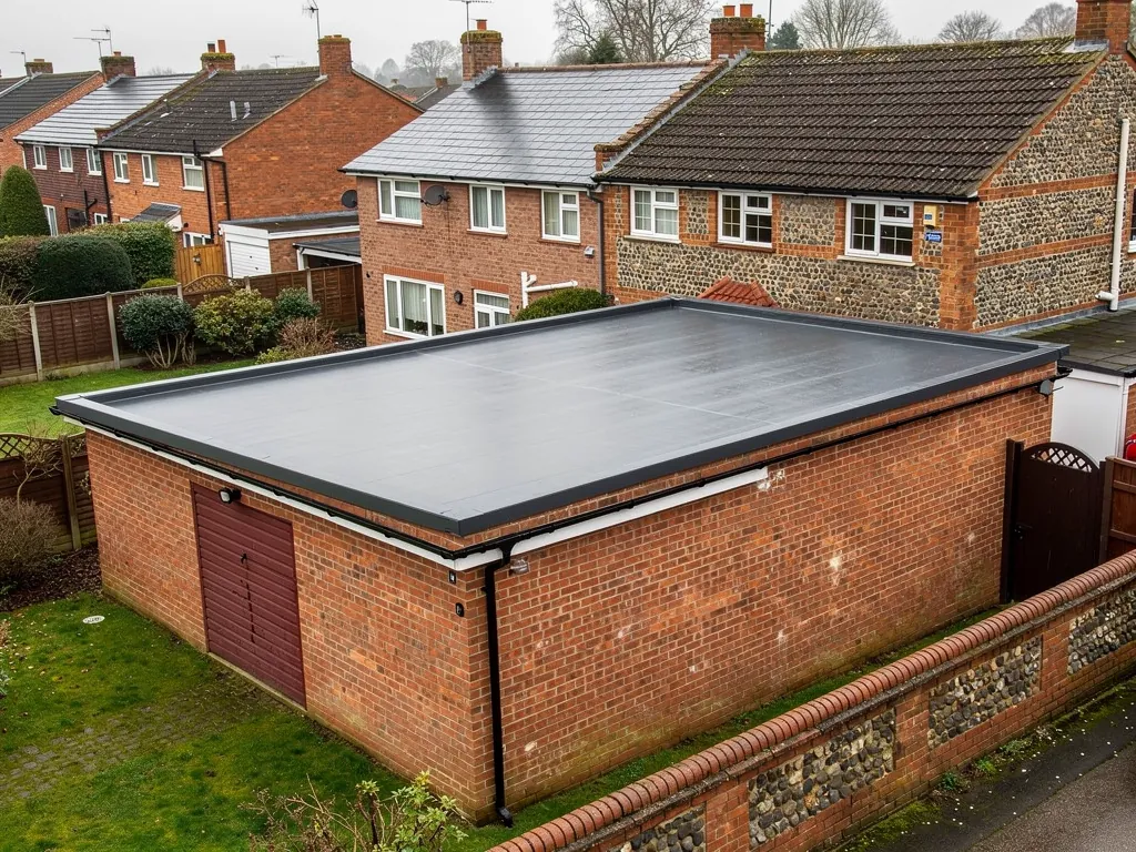 Brick garage with a new black rubber flat roof and trims