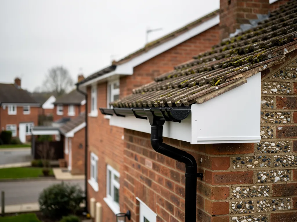 New black gutter, downpipe and white fascia on a brick house