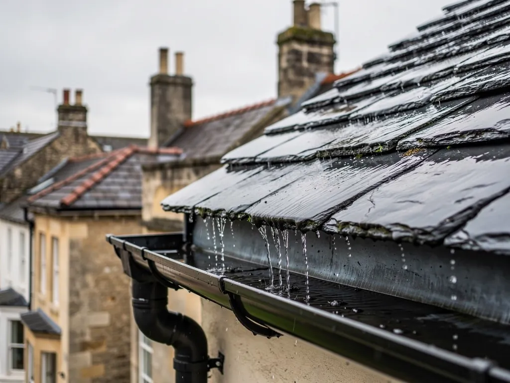 Rainwater running off slates into a black gutter and downpipe