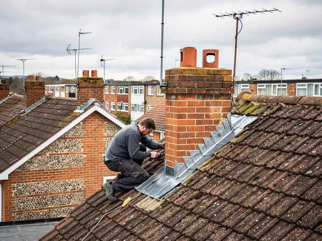 Roofer dressing stepped lead flashing around a brick chimney