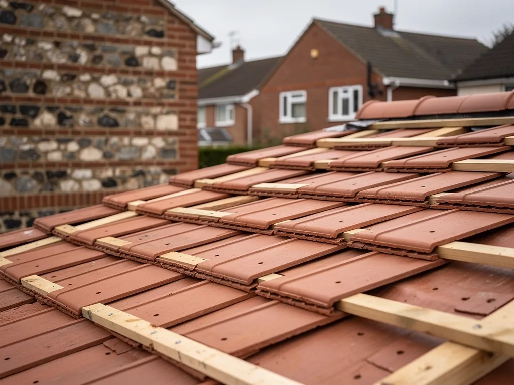 Close-up of new red concrete tiles stacked on roof battens
