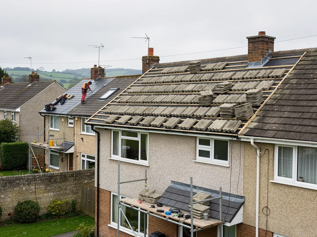 Roofers re-tiling a semi-detached house roof from scaffold