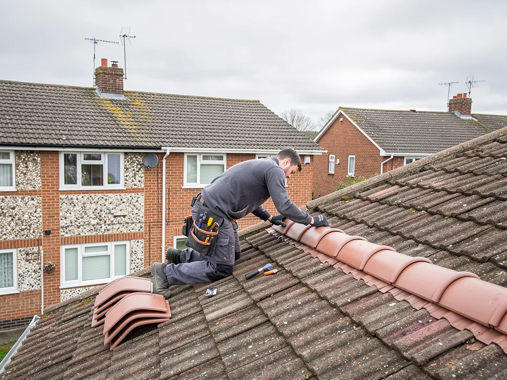 Roofer fixing new red ridge tiles along a concrete tile roof