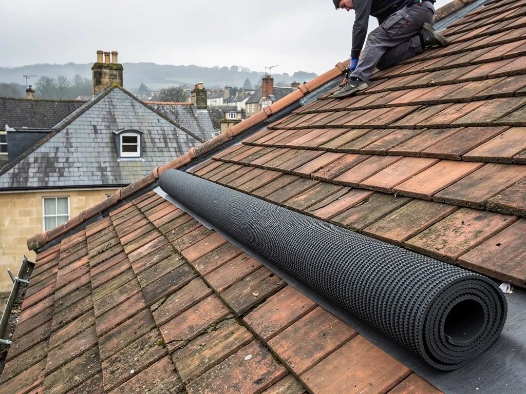 Roofer unrolling dry ridge roll along a clay tile roof