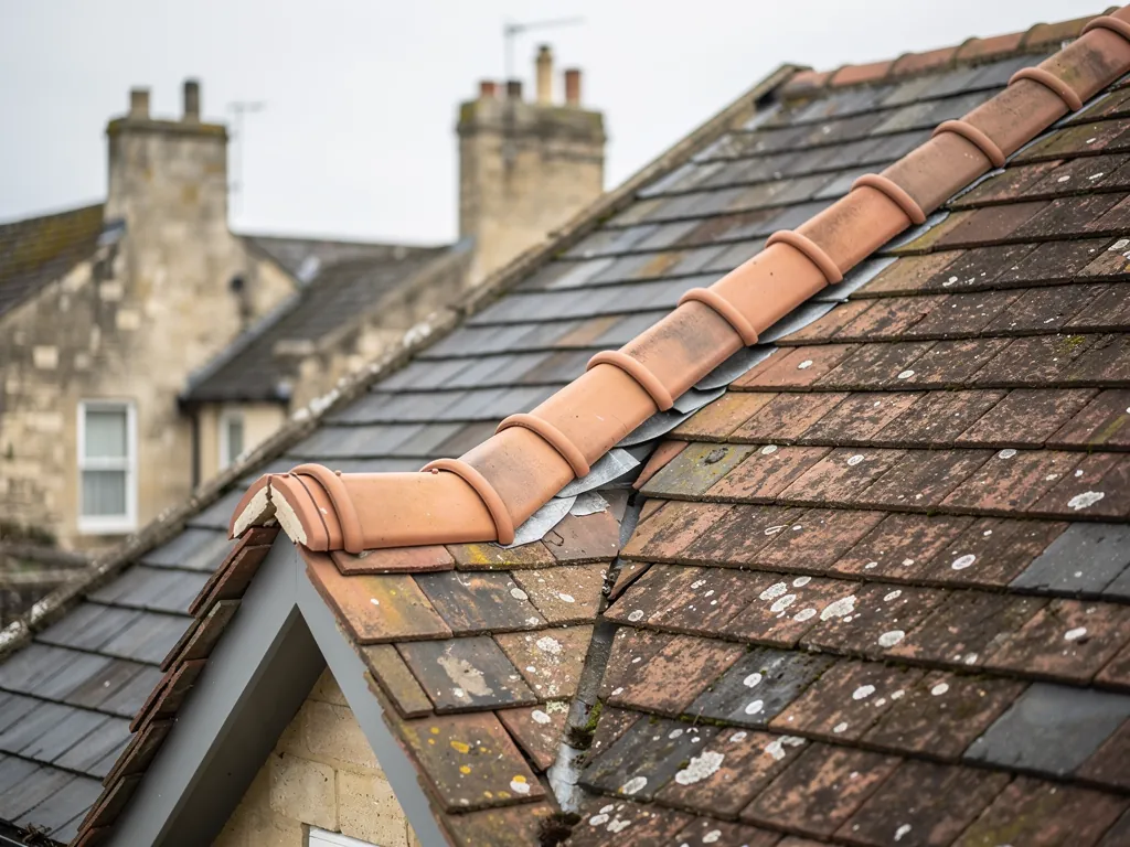 Clay ridge tiles and verge on a mixed slate and tile roof