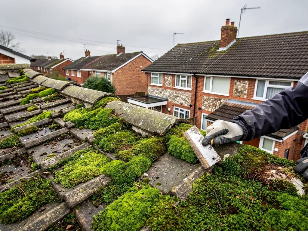 Gloved hand scraping thick moss from concrete roof tiles