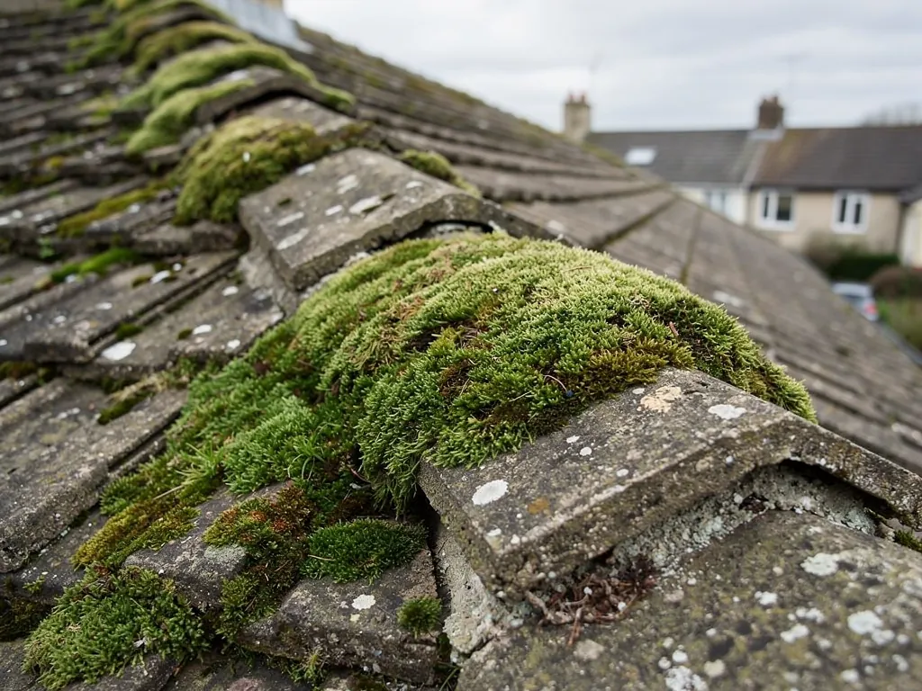 Thick moss growing over ridge and concrete roof tiles