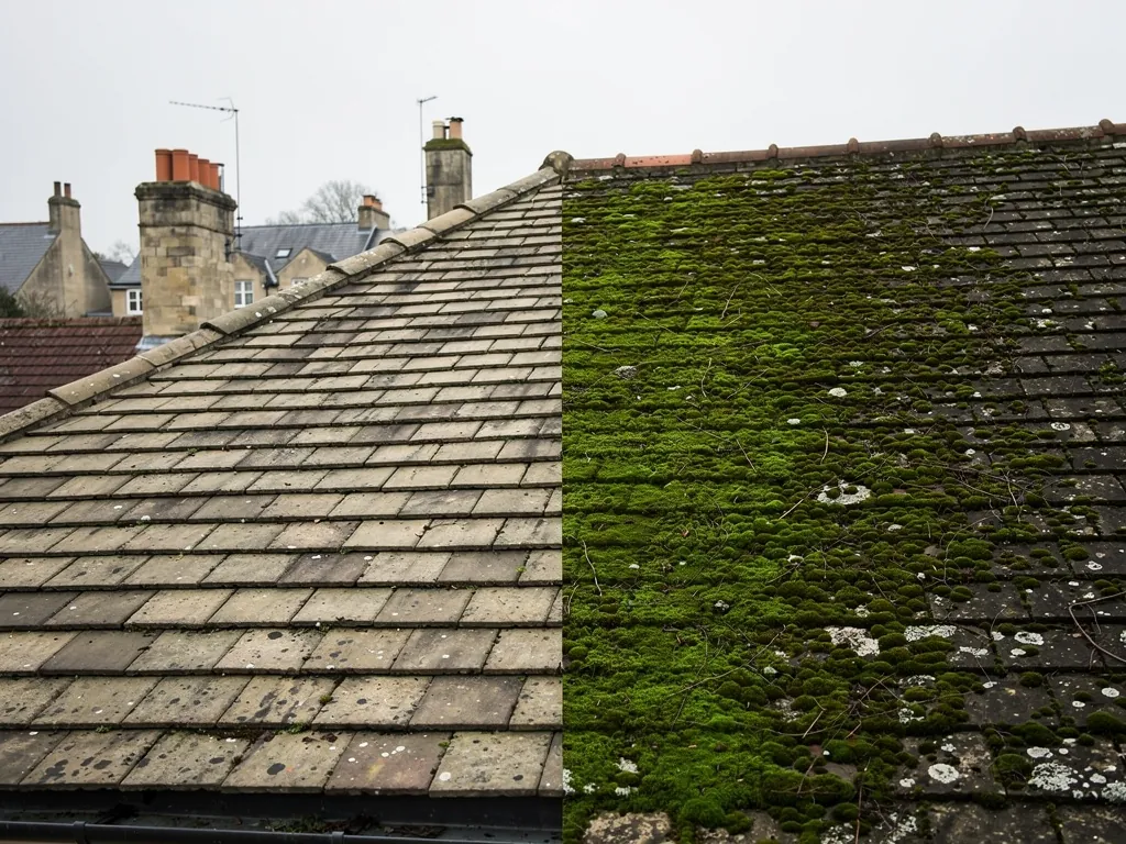 Roof half cleaned beside a moss-covered section of tiles