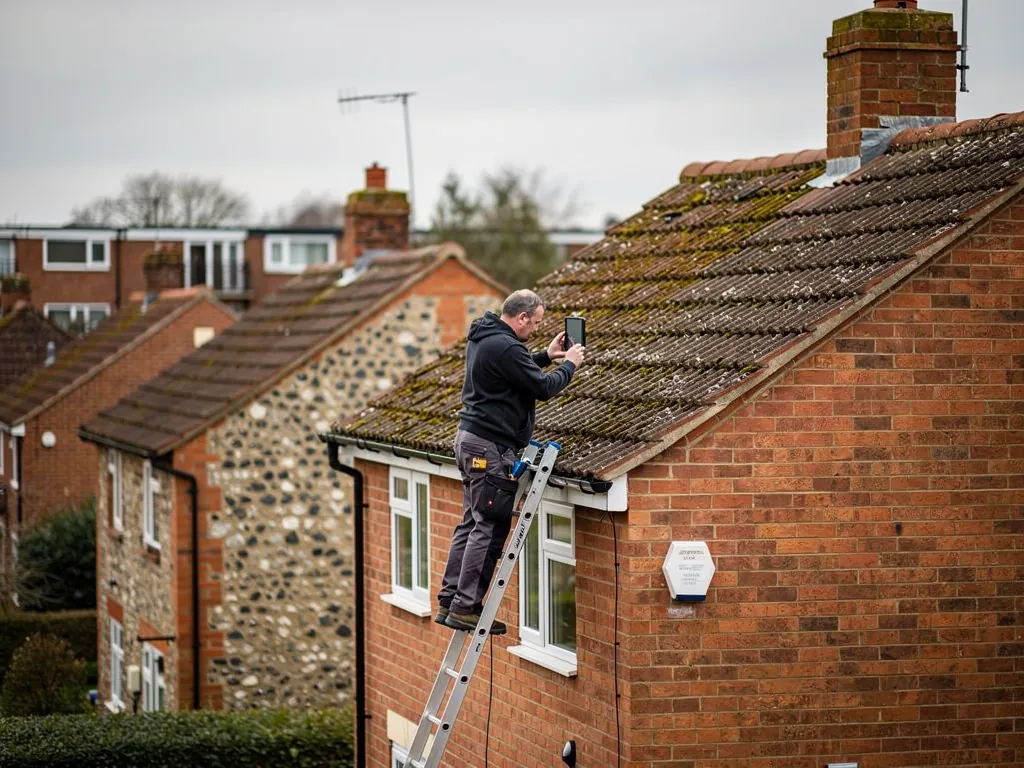 Roofer on a ladder photographing a mossy tiled roof