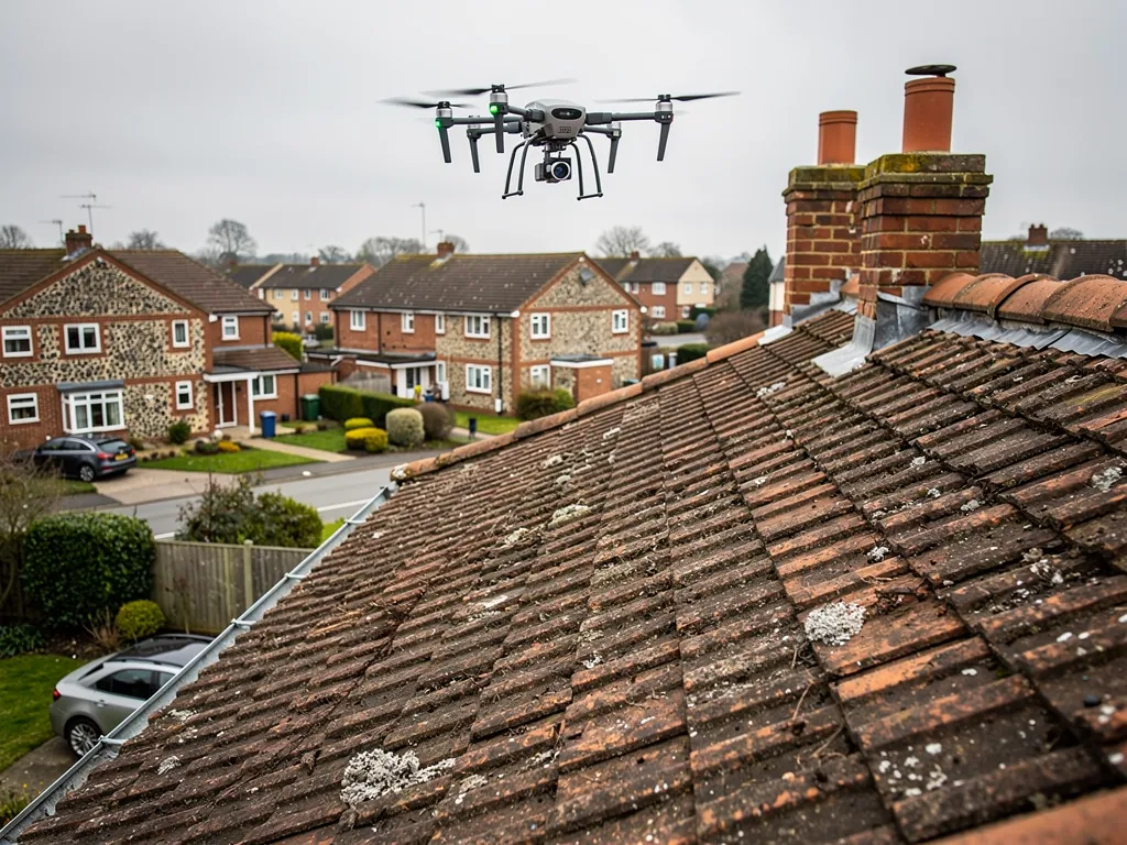 Drone hovering above a tiled roof during a roof survey