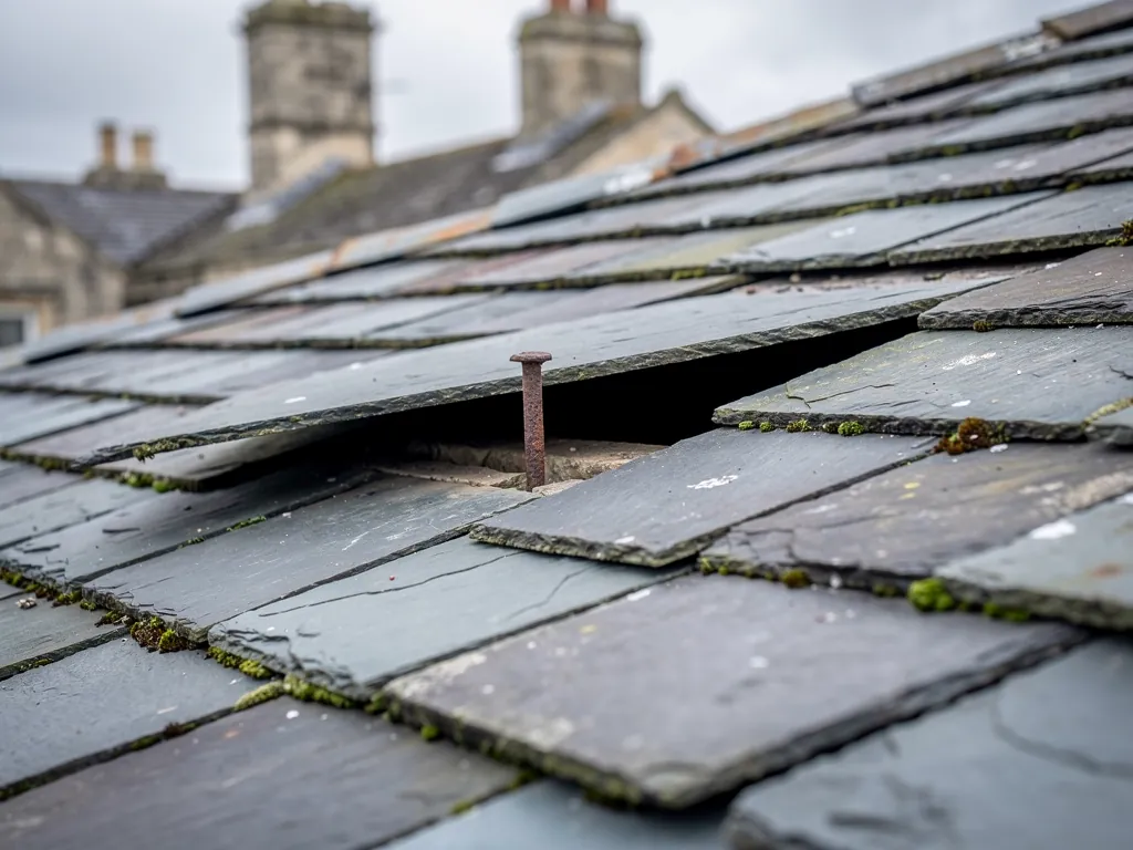 Slipped natural slate with an exposed nail on a weathered roof