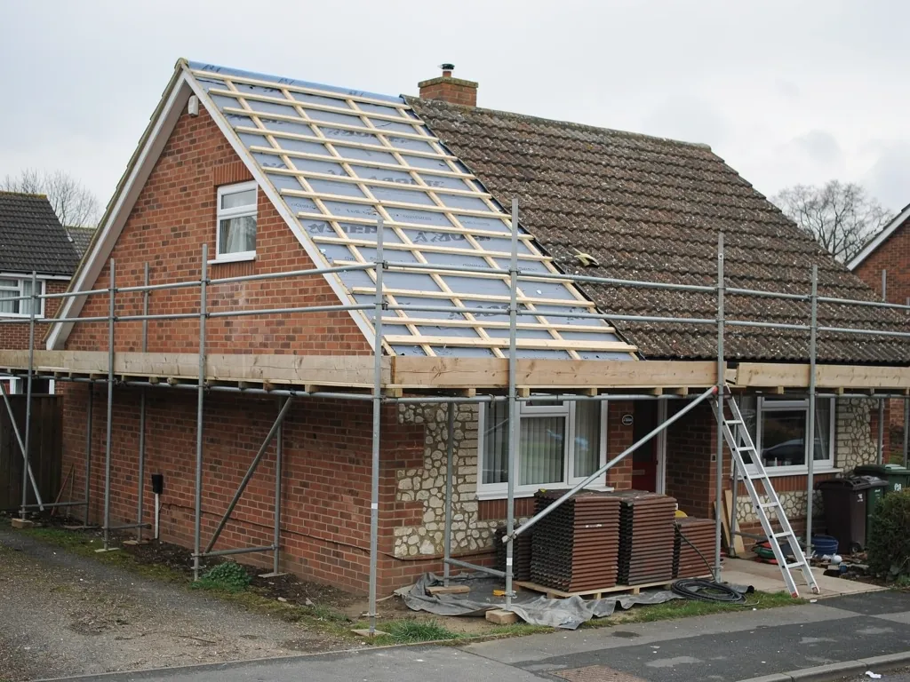 Bungalow mid re-roof with new battens, membrane and scaffolding