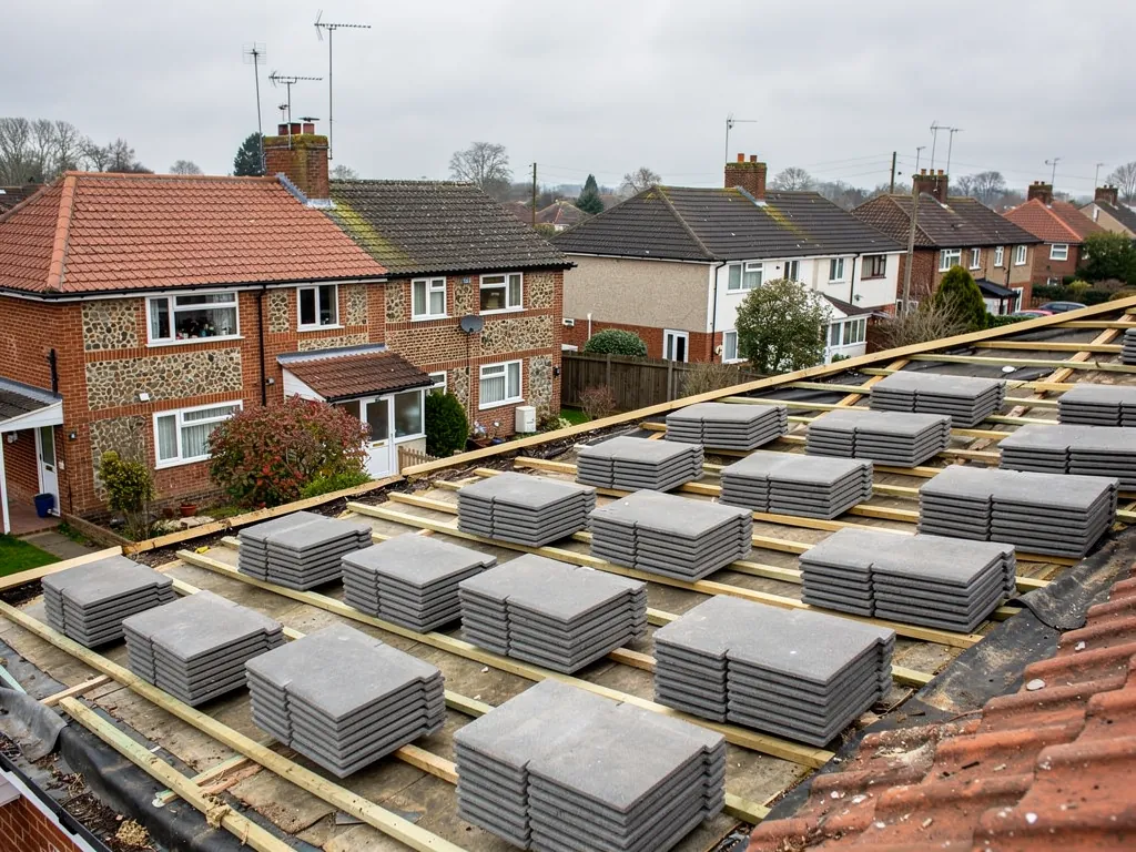 Stacks of new grey concrete tiles loaded on roof battens
