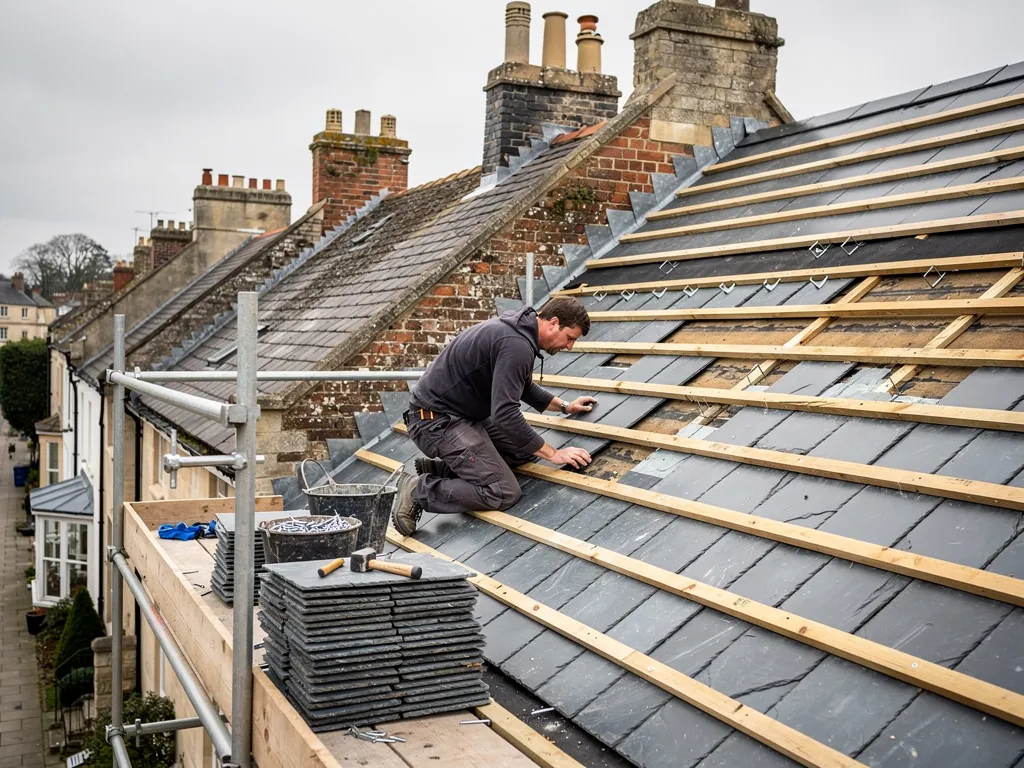 Roofer laying new slates on battens from a scaffold platform
