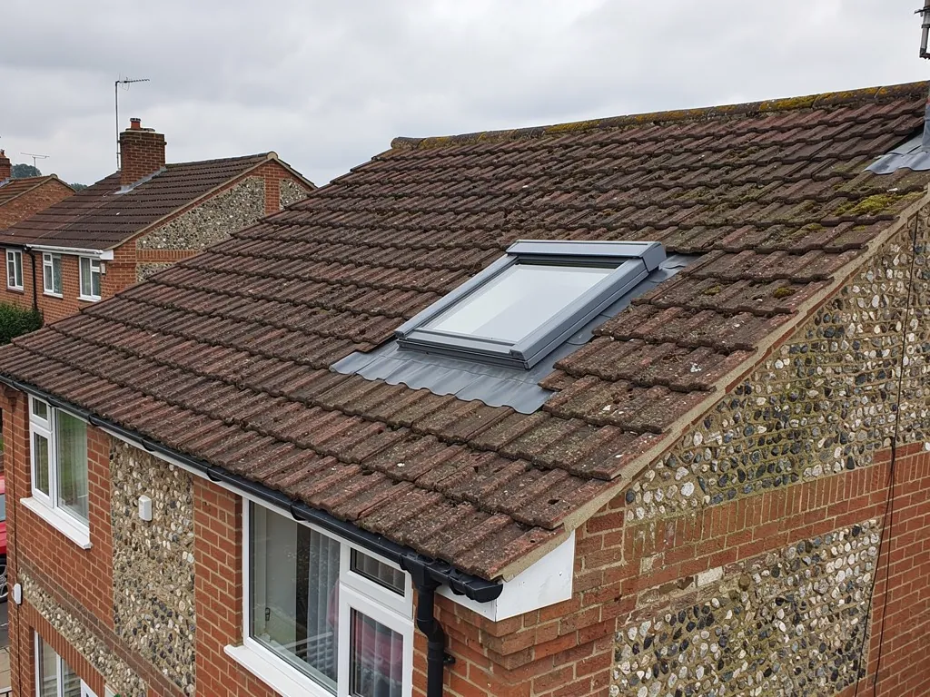 Roof window fitted into a brown tiled roof slope