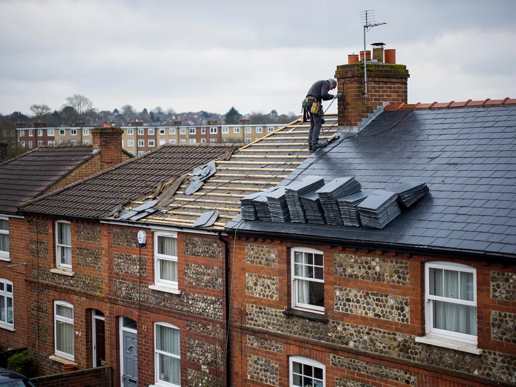Roofer laying new slates on a terrace roof beside a chimney