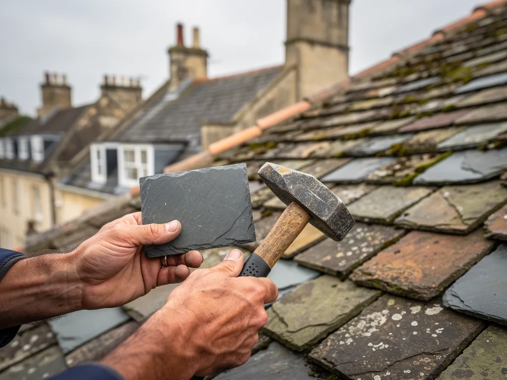 Roofer's hands holding a slate and slater's hammer on a roof