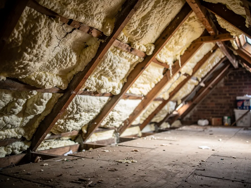 Loft rafters coated in yellowed spray foam insulation