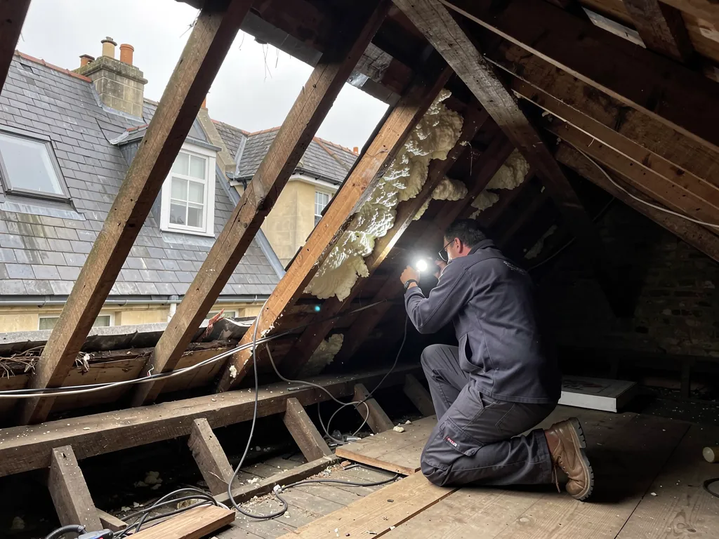 Surveyor checking spray foam on rafters with a torch