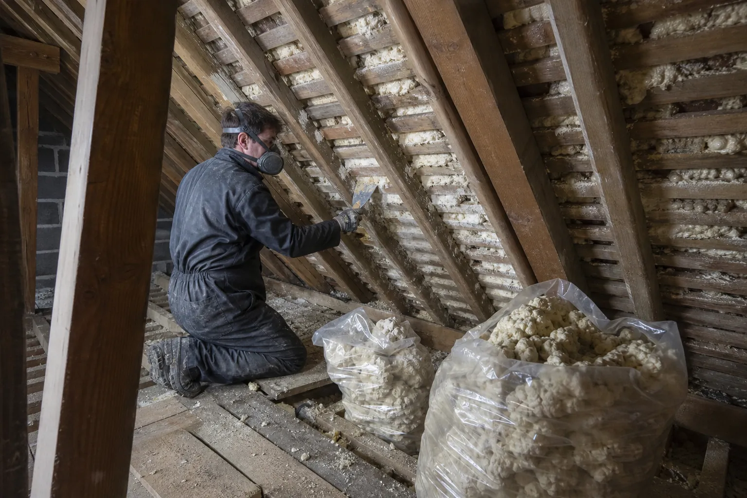 Worker in a mask scraping spray foam from rafters into bags